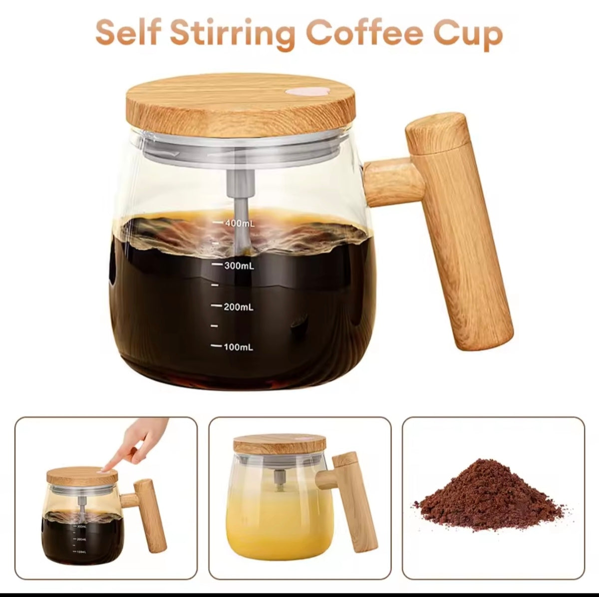 Cană electrică cu amestecare automată (400 ml) – Cană din sticlă cu auto-amestecare pentru cafea, rezistentă la apă